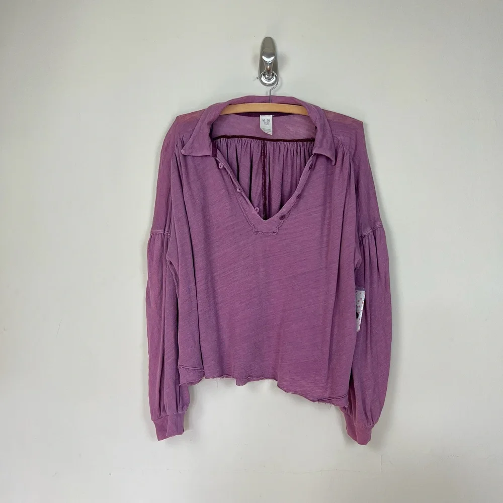 Free People rush hour mulberry peasant Henley top blouse v-neck NWT purple linen